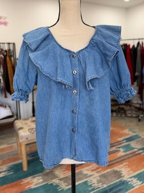 Vintage Bonjour Denim Western Ruffle Button-Front Blouse